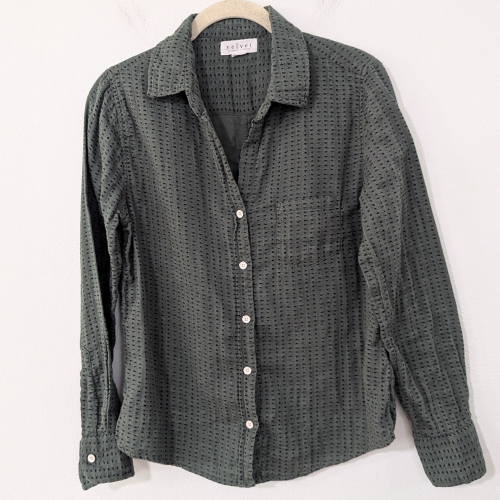 Velvet Graham & Spencer Royanna Top Button Front Collared Dot Green Black XS